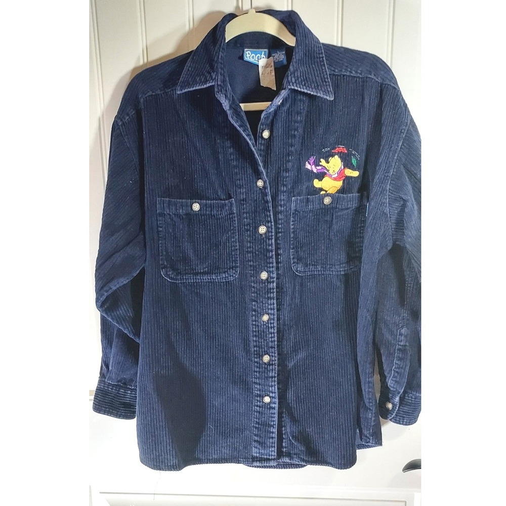 Pooh Corduroy Button Up Shirt Mens Large Navy Blue Winnie The Pooh Embroidered